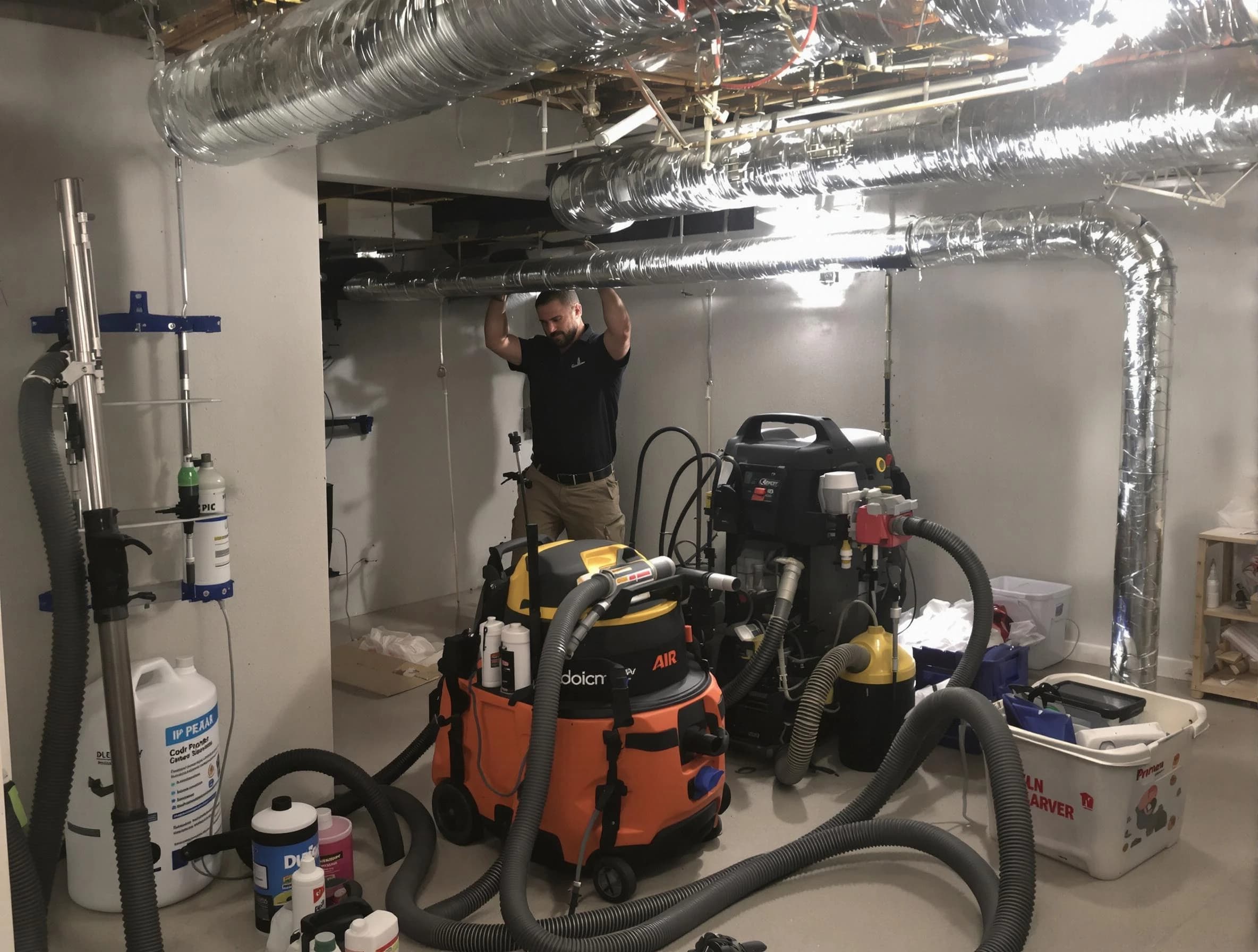 Sugar Hill Air Duct Cleaning specialist performing professional mold removal from air ducts using safety equipment in Sugar Hill